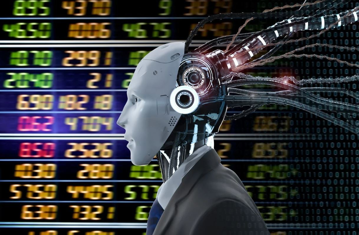 A futuristic robot in a business suit stands in front of a digital stock market board, symbolizing the integration of artificial intelligence and financial expertise.