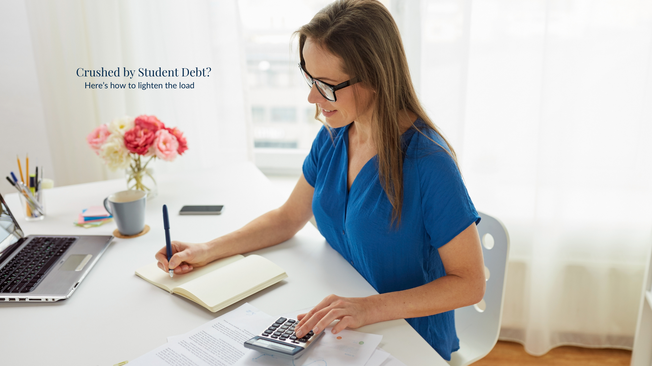 A young adult reviewing student loan paperwork with a calculator on a desk, symbolizing managing student loan debt and financial planning